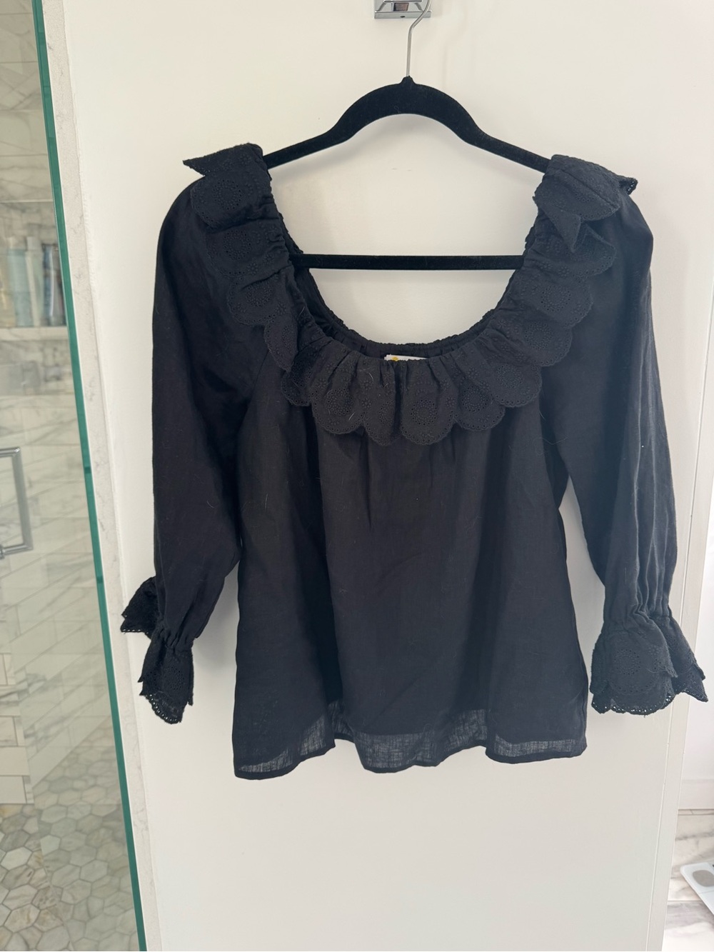 NWOT Boden Black Ruffle Trim Top